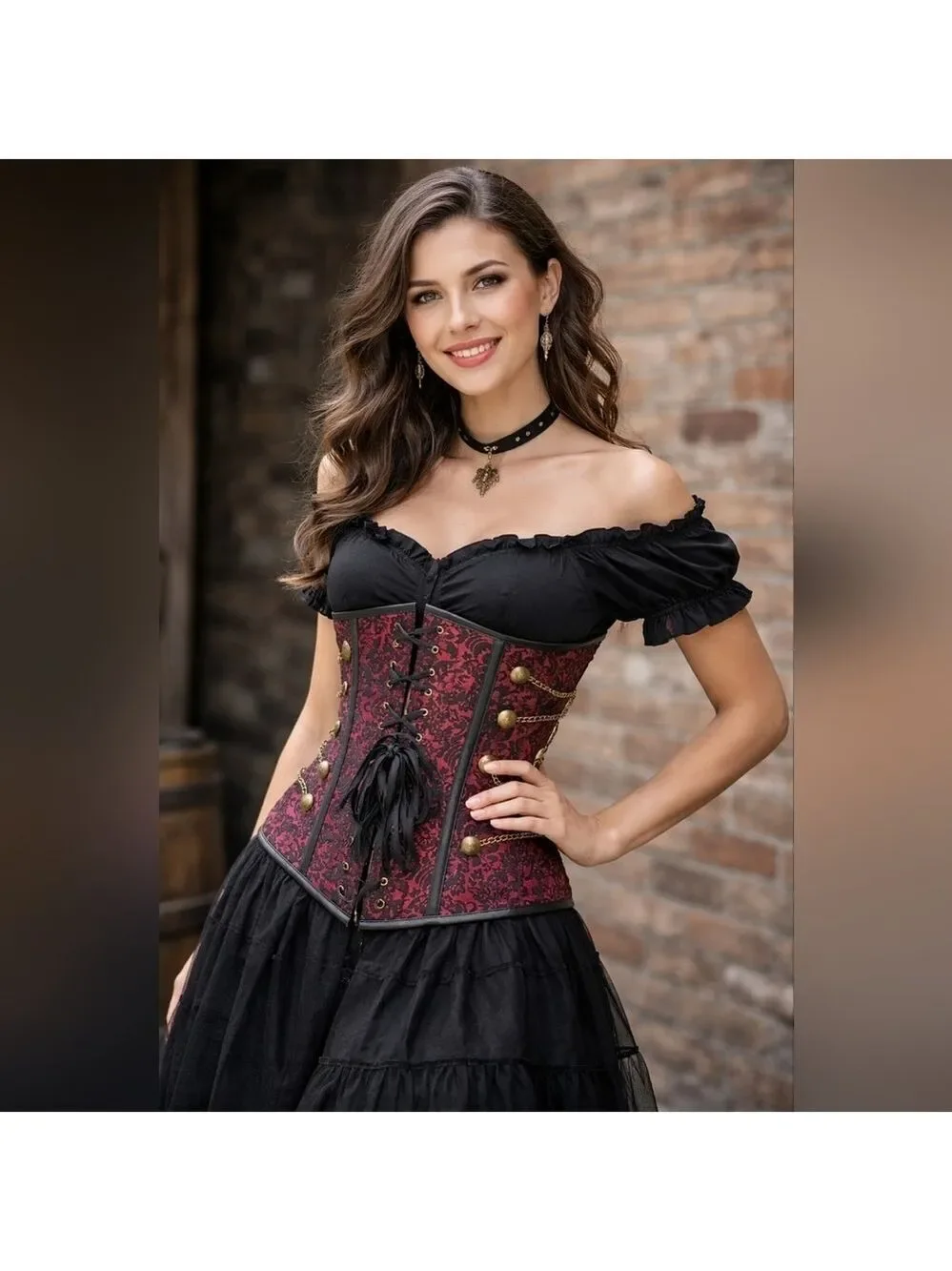 Vintage-Style Women’s Corset Bustier Red & Black Brocade Lace-Up Size Small
